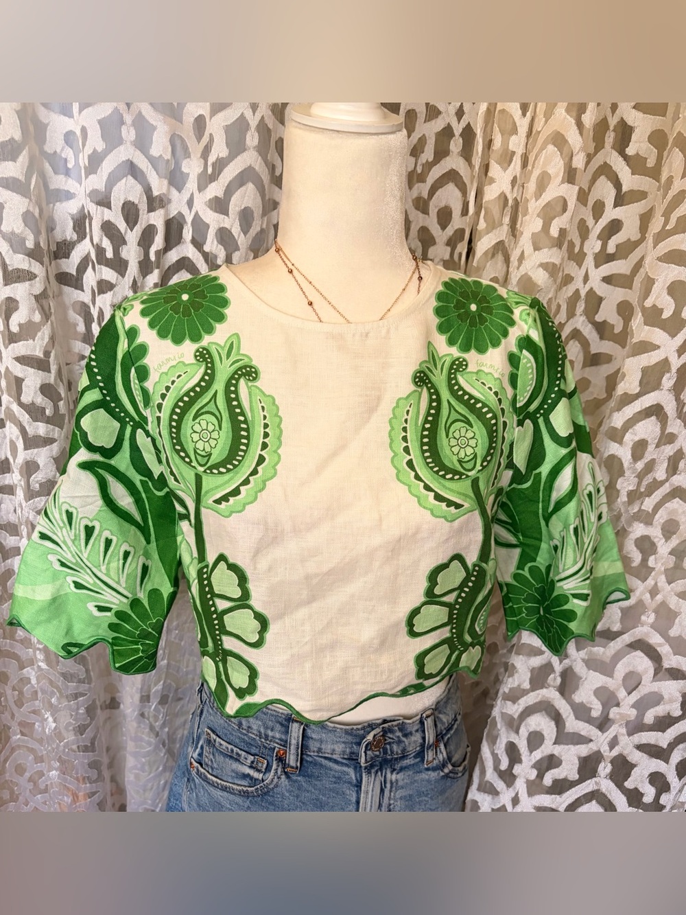 New W/ Tags FARM Rio Green Festival Floral Linen Scalloped Cropped Blouse XS - Picture 2 of 10